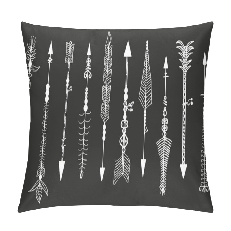 Personality  Bow arrows on black. Set of different rustic arrows with tribal ornaments. Black and white illustration pillow covers
