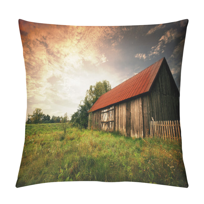 Personality  Sunset by an old barn pillow covers
