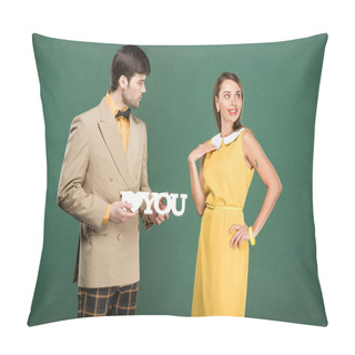 Personality  Man Presenting Decorative 'i Love You' Sign To Beautiful Woman In Vintage Clothes Isolated On Green  Pillow Covers