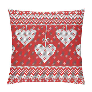 Personality  Seamless Pattern On The Theme Of Valentines Day With An Image Of The Norwegian Patterns And Hearts. Wool Knitted Texture Pillow Covers