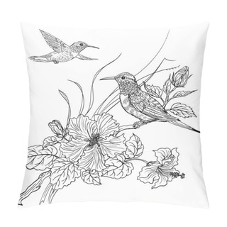 Personality  Two Hummingbird Birds And Blooming Hibiscus, Contour Black And White Drawing, Coloring Book For Adults And Children. Pillow Covers