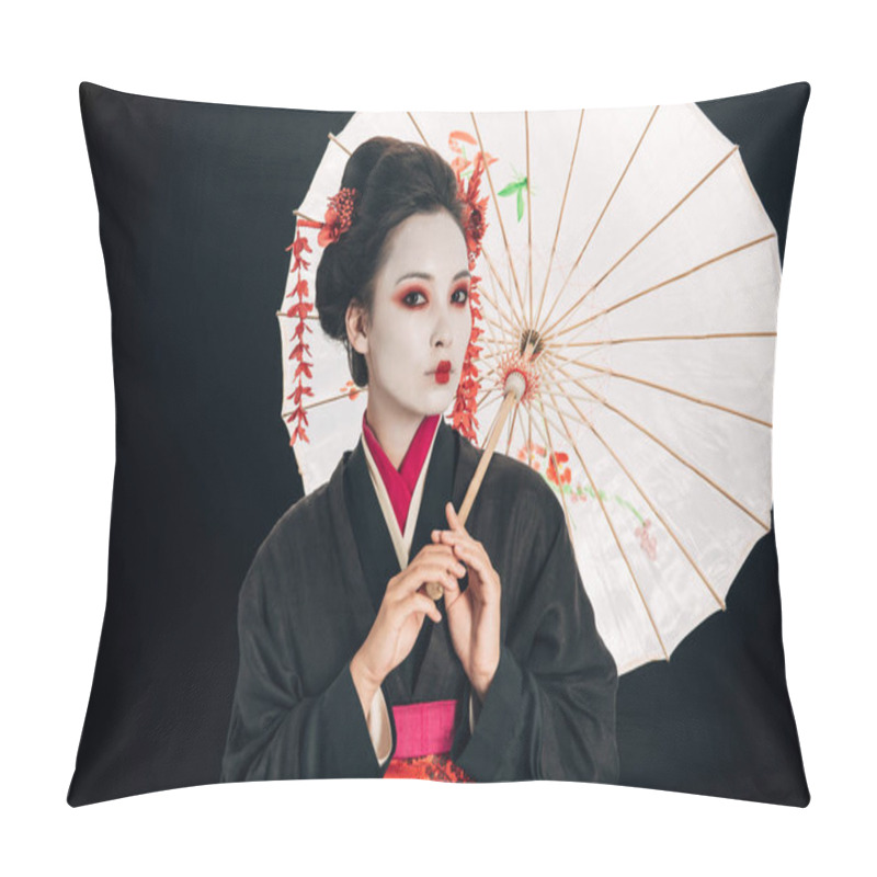 Personality  Beautiful Geisha In Black Kimono With Red Flowers In Hair Holding Asian Umbrella Isolated On Black Pillow Covers