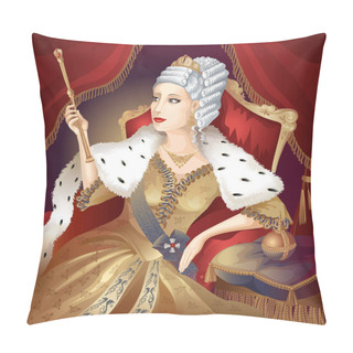 Personality  Queen On The Red Throne Holding A Staff And Scepter On Red Curtain Background. Vector Illustration. Pillow Covers
