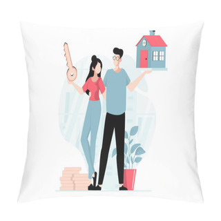 Personality  Real Estate Concept With People Scene In Flat Design. Man And Woman Holding Keys To New House, Invest Money In Dwelling, Happy Family Moving. Illustration With Character Situation For Web Pillow Covers