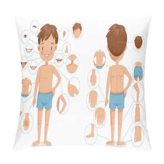 Personality  Boy Body Front View And Rear View. Children With Different Parts Of The Body For Teaching. Body Details.The Diagram Shows The Various External. Parts Of The Body. Cartoon Vector Pillow Covers