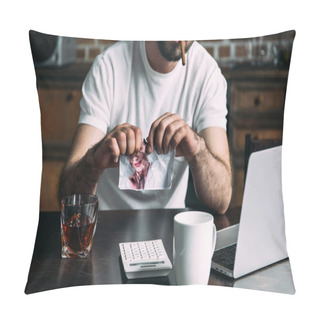 Personality  Cropped Shot Of Man Smoking Cigar And Tearing Photo Of Ex-girlfriend Pillow Covers