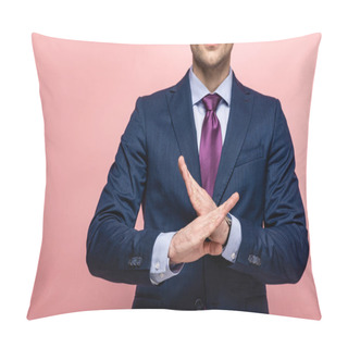 Personality  Cropped View Of Businessman In Formal Wear Showing Reject Gesture On Pink Background Pillow Covers