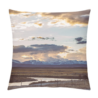 Personality  River Runs Though Arid Plain Against Dramatic Sunset Sky And Mountains Pillow Covers