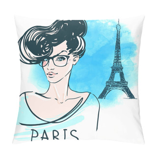 Personality  French Woman In Eyeglasses With Eiffel Tower Pillow Covers