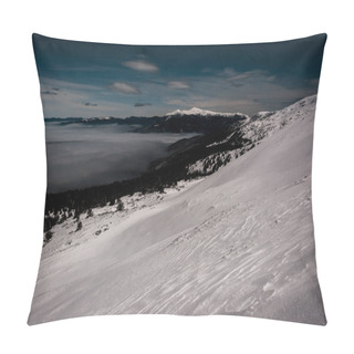 Personality  Scenic View Of Snowy Mountains With Pine Trees And White Fluffy Clouds In Dark Sky In Evening Pillow Covers