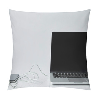 Personality  Laptop With Blank Screen And Smartphone With Connected Earphones Isolated On Grey Pillow Covers