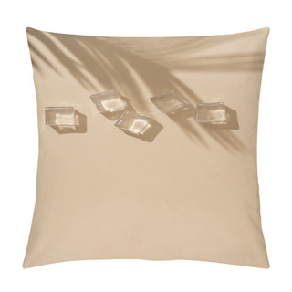 Personality  Summer Daytime Scene With Ice Cubes And Tropical Palm Leaf Shadow On Sandy Pastel Color Background. Minimal Sunlight Tropical Flat Lay Arrangement  Pillow Covers