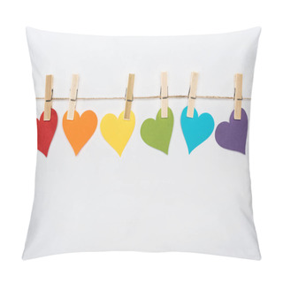 Personality  Rainbow Multicolored Paper Hearts On Rope Isolated On White, Lgbt Concept Pillow Covers