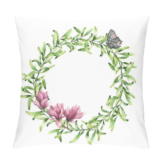 Personality  Watercolor Greenery Wreath With Magnolia And Butterfly. Hand Painted Floral Border Isolated On White Background. Botanical Illustration With Green Herbs And Insect For Design, Print Or Fabric. Pillow Covers