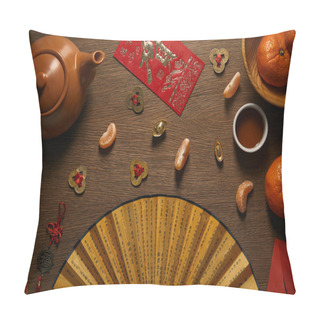 Personality  Top View Of Fresh Ripe Tangerines, Tea Set, Fan With Hieroglyphs And Golden Coins On Wooden Table  Pillow Covers