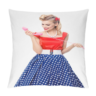 Personality  Smiling Woman With Phone, Dressed In Pin-up Style Dress Pillow Covers