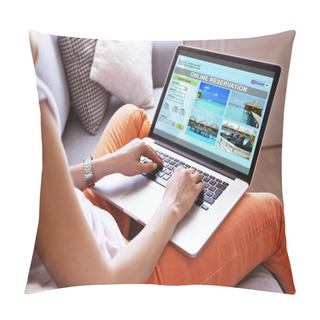 Personality  Woman Using Laptop To Book Hotel Online Pillow Covers