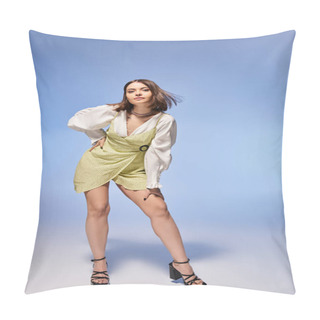 Personality  A Young Woman With Brunette Hair Strikes A Graceful Pose In A Short Dress, Exuding Confidence And Elegance In A Studio Setting. Pillow Covers
