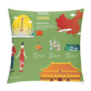 Personality  Map Of The China And Landmark Icons For Traveling Pillow Covers