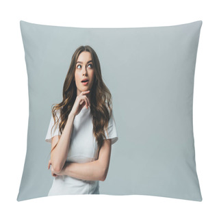 Personality  Beautiful Girl With Open Mouth Looking Away In White T-shirt Isolated On Grey Pillow Covers