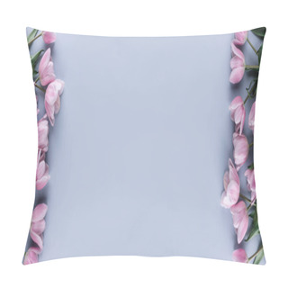 Personality  Pink Tulips Flowers Over Light Blue Background. Greeting Card Or Wedding Invitation. Flat Lay, Top View, Copy Space. Wide Composition Pillow Covers