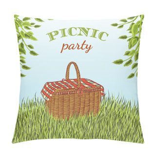 Personality  Picnic Party In Meadow With Picnic Basket And Tree Branches. Summer Vacation. Hand Drawn Vector Illustration Pillow Covers