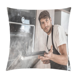 Personality  Frustrated Young Man Standing Near Broken Oven Pillow Covers