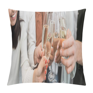 Personality  Cropped View Of Interracial Business People Clinking Glasses Of Champagne In Office, Banner  Pillow Covers