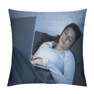 Personality  Young Beautiful Hispanic Internet Addict Woman In Pajamas On Bed At Home Bedroom Asleep Pillow Covers