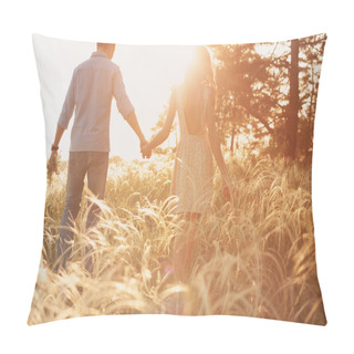 Personality  Lovers Walking In A Field At Sunset Holding Hands Pillow Covers