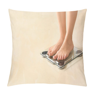 Personality  Woman Standing On Scales Indoors, Space For Text. Overweight Problem Pillow Covers