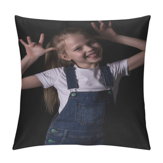 Personality  Beautiful Blonde Little Girl On A Dark Background. She Stands In Different Poses And Shows Different Emotions Pillow Covers