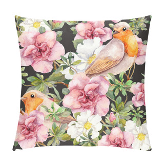 Personality  Watercolor Birds And Watercolor Flowers . Seamless Floral Pattern. Pillow Covers