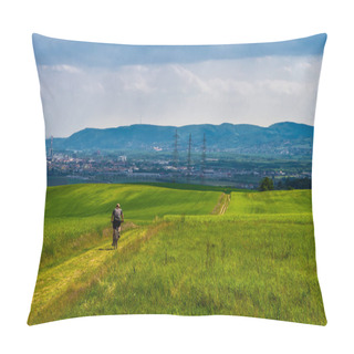 Personality  Man Rides Mountainbike In Rural Landscape In Front Of Skyline Of Vienna In Austria Pillow Covers