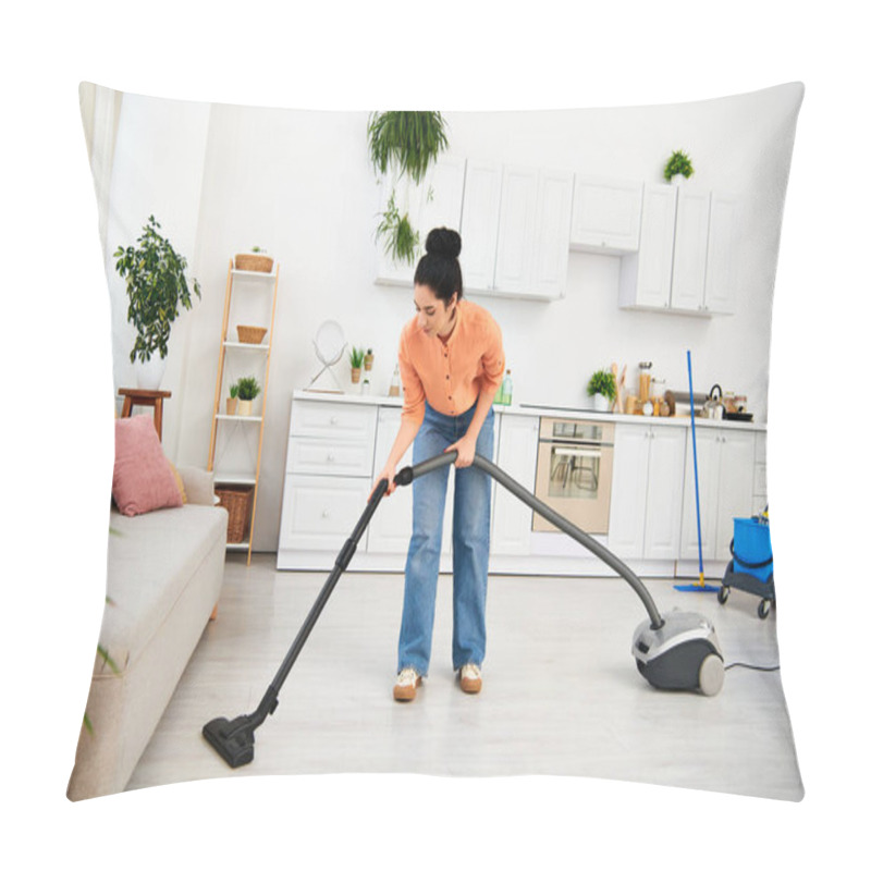 Personality  A Stylish Woman In Casual Attire Efficiently Vacuums Her Living Room, Bringing Order And Cleanliness To The Space. Pillow Covers