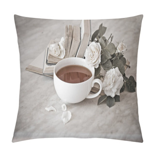 Personality  Cup Of Tea With White Flowers And Books  Pillow Covers