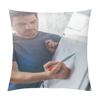 Personality  Selective Focus Of Designer Planning Web Sketches For Mobile App On Whiteboard In Office Pillow Covers