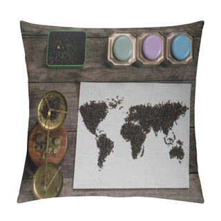 Personality  Map Of The World, Lined With Tea Leaves On Old Paper. Vintage. Green Tea, A Towel, Scales, Weights On Rustic Wooden Table. Top View. Flat Lay Pillow Covers