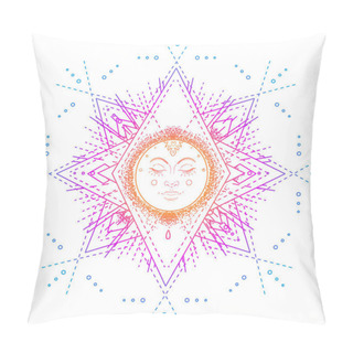 Personality  Sun Symbol As A Face Inside Ornate Colorful Mandala. Round Patte Pillow Covers