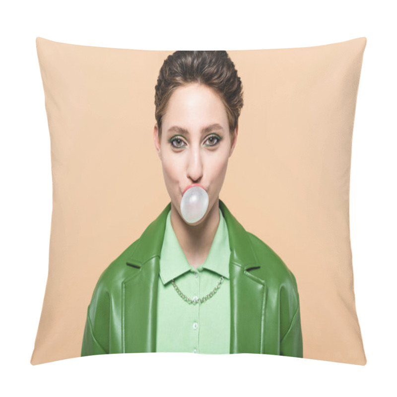 Personality  Trendy Brunette Woman Blowing Bubble Gum While Looking At Camera Isolated On Beige Pillow Covers