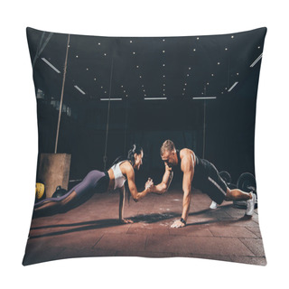 Personality  Athletic Sportsman And Sportswoman Doing Push Ups Together And Holding Hands In Dark Gym Pillow Covers