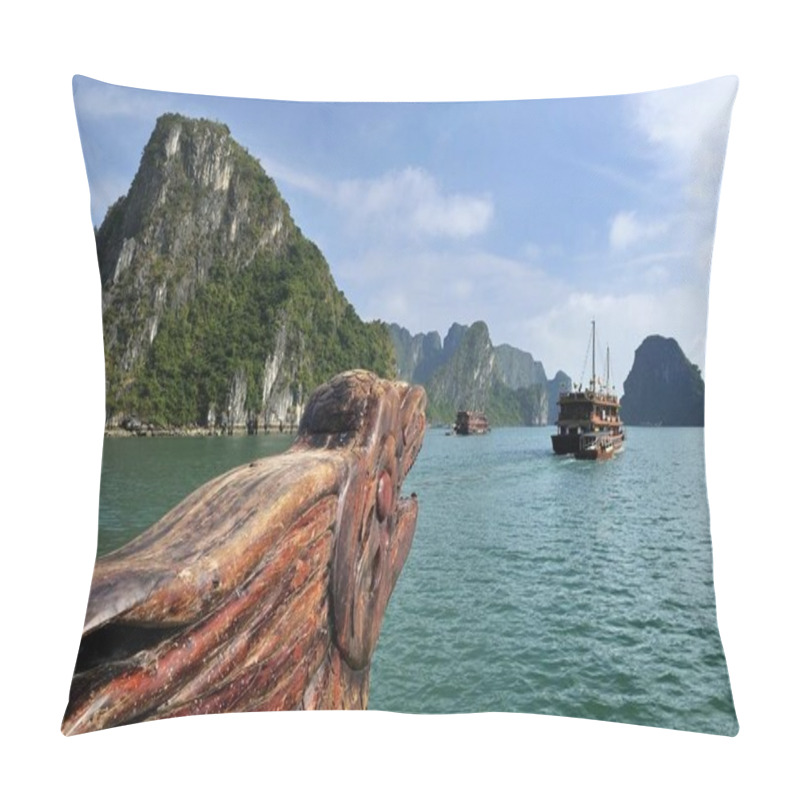 Personality  Wood carving, dragon head at the bow on a junk, Halong Bay, karst cone in the back, Vietnam, Southeast Asia, Asia pillow covers
