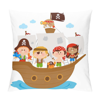 Personality  Pirate Children, Boys And Girls Sailing On A Ship. Vector Illustration Pillow Covers