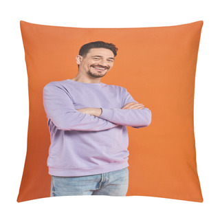 Personality  Happy Man In Purple Sweater And Jeans Standing With Crossed Arms On Orange Background, Casual Wear Pillow Covers