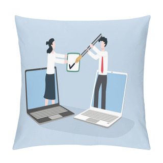 Personality  Remote Working, Work Inspection Through Online Video Conference Concept. Businesswoman Handing Checkbox To Businessman To Tick Checkmark From Appearing On Laptop Computers. Pillow Covers