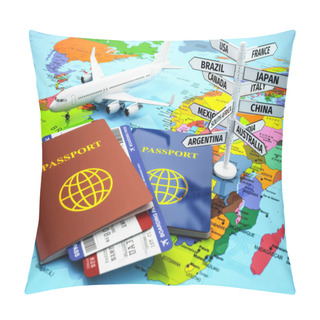 Personality  Travel Or Tourism Concept. Passport, Airplane, Airtickets And De Pillow Covers