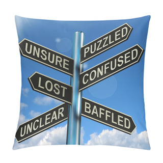 Personality  Puzzled Confused Lost Signpost Showing Puzzling Problem Pillow Covers