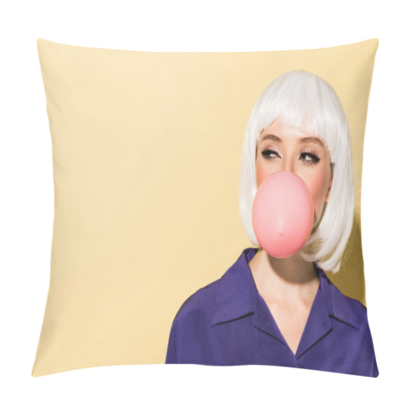 Personality  Girl In White Wig Chewing Bubble Gum On Yellow Background Pillow Covers