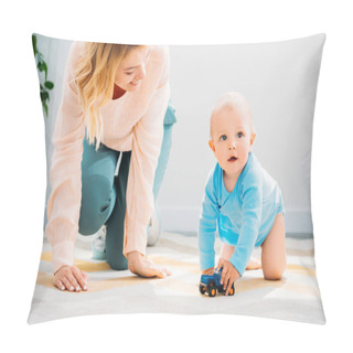 Personality  Mother And Child Crawling Together On Carpet At Home Pillow Covers
