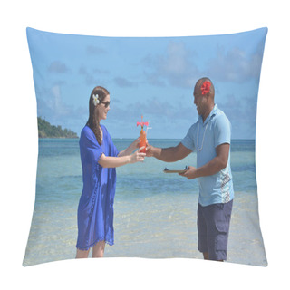 Personality  Fijian Man Serve A Tropical Cocktail Drink To A Tourist Woman In Pillow Covers